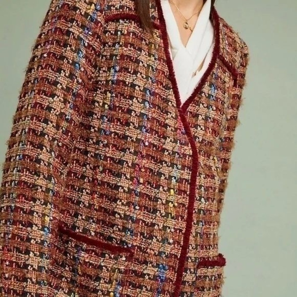 Anthropologie Ett:twa Small $178 Harlequin Tweed Fringe Trim Wool Blend Coat - Picture 5 of 15